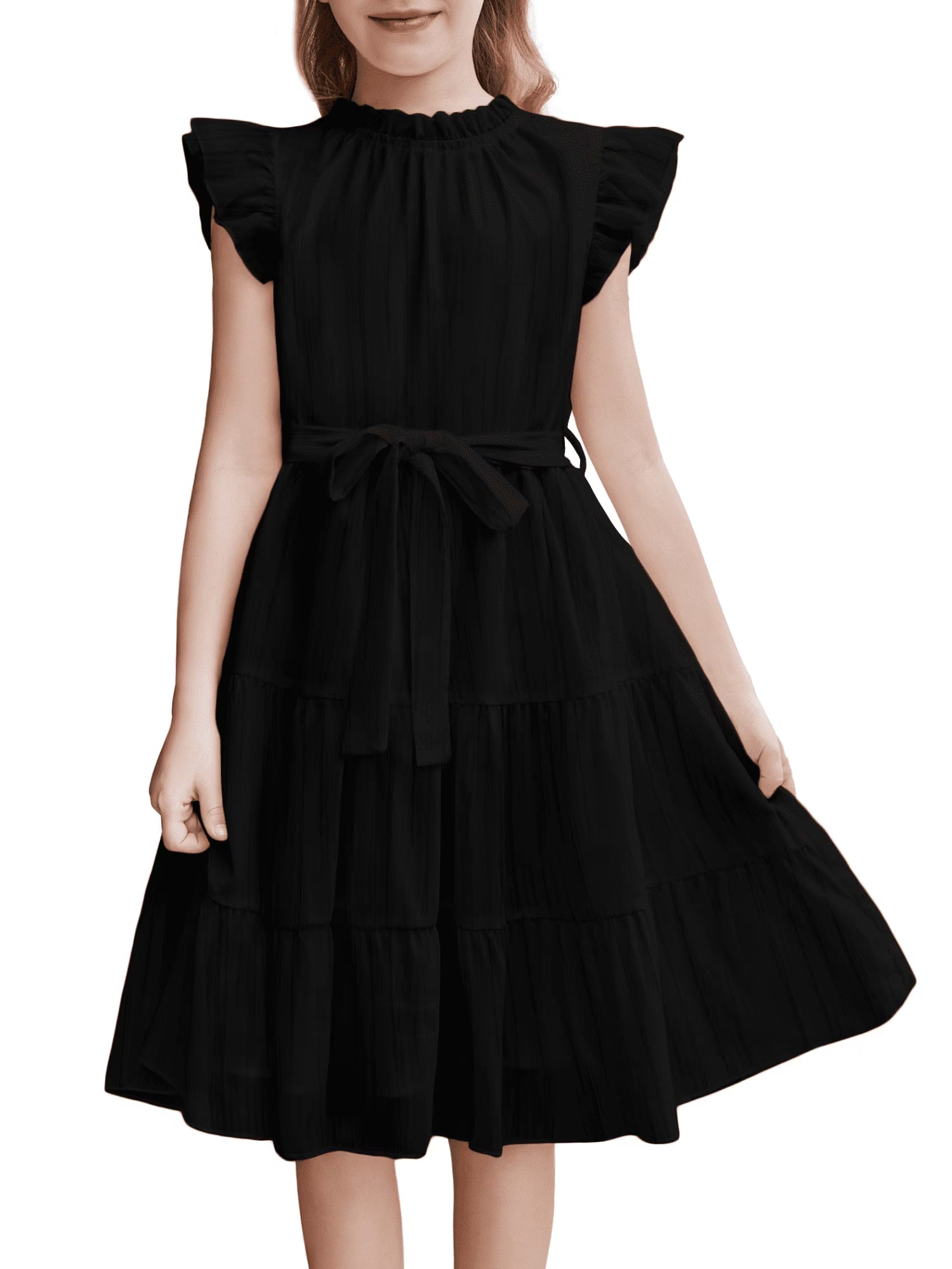 Oudiya Tween Girls Spring Dress Casual Ruffle Sleeve with Belt A Line Formal Elegant Party Dresses for Kids 5-16Y