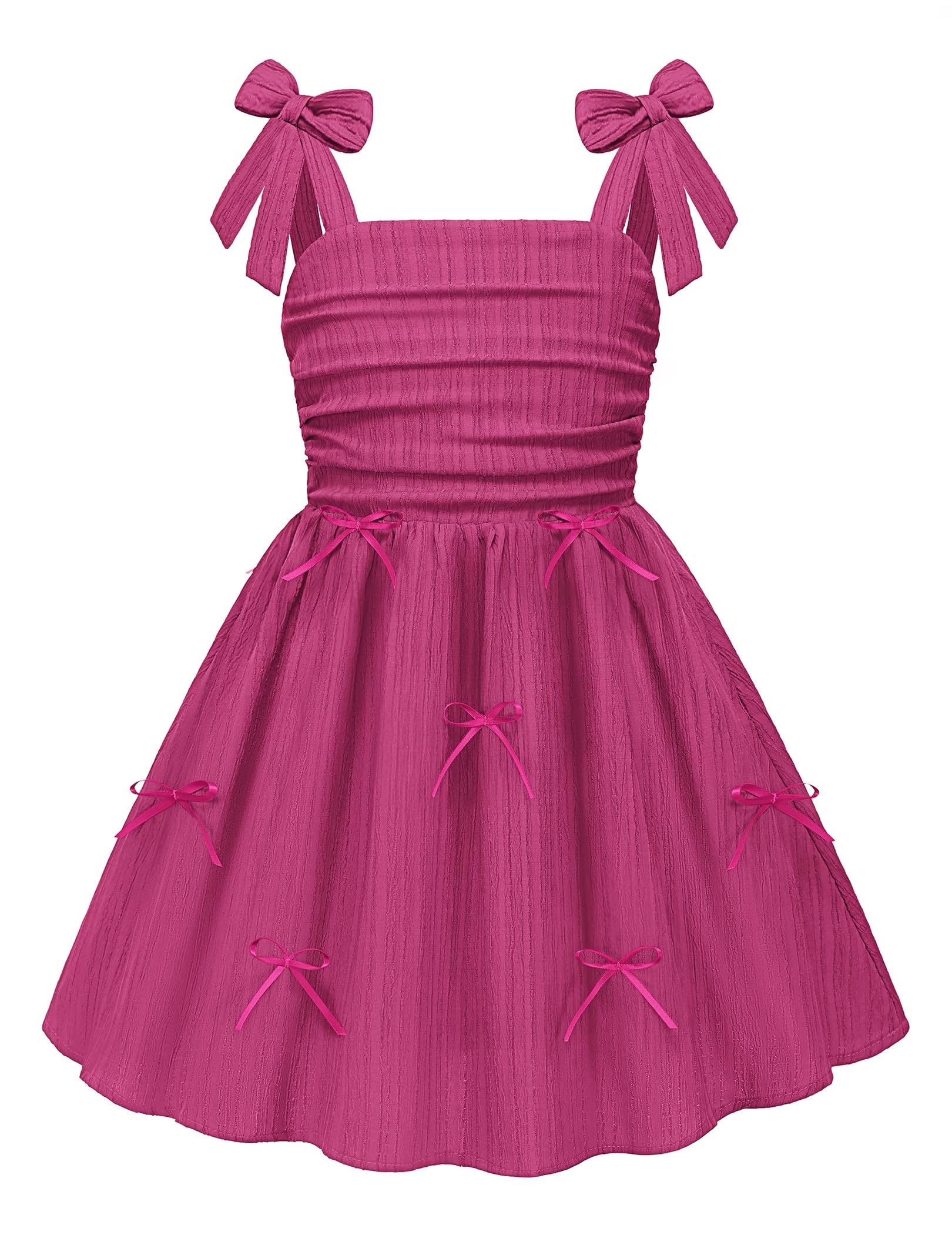 Oudiya Girls Summer Dreeses Spaghetti Strap Bow Ruched Smocked Back Boho Beach Party Sundress, 4-14Y