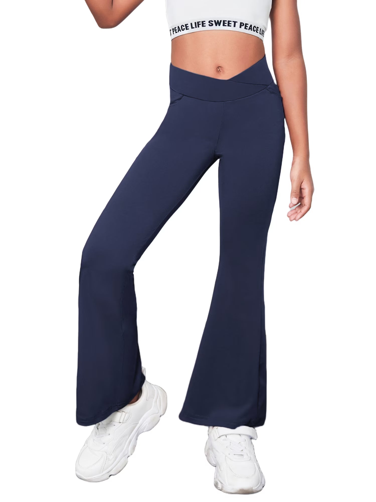 Oudiya Girls Flare Leggings High Waisted Casual V Crossover Pants Yoga Bell Bottoms with Pockets for Kids 5-14Y