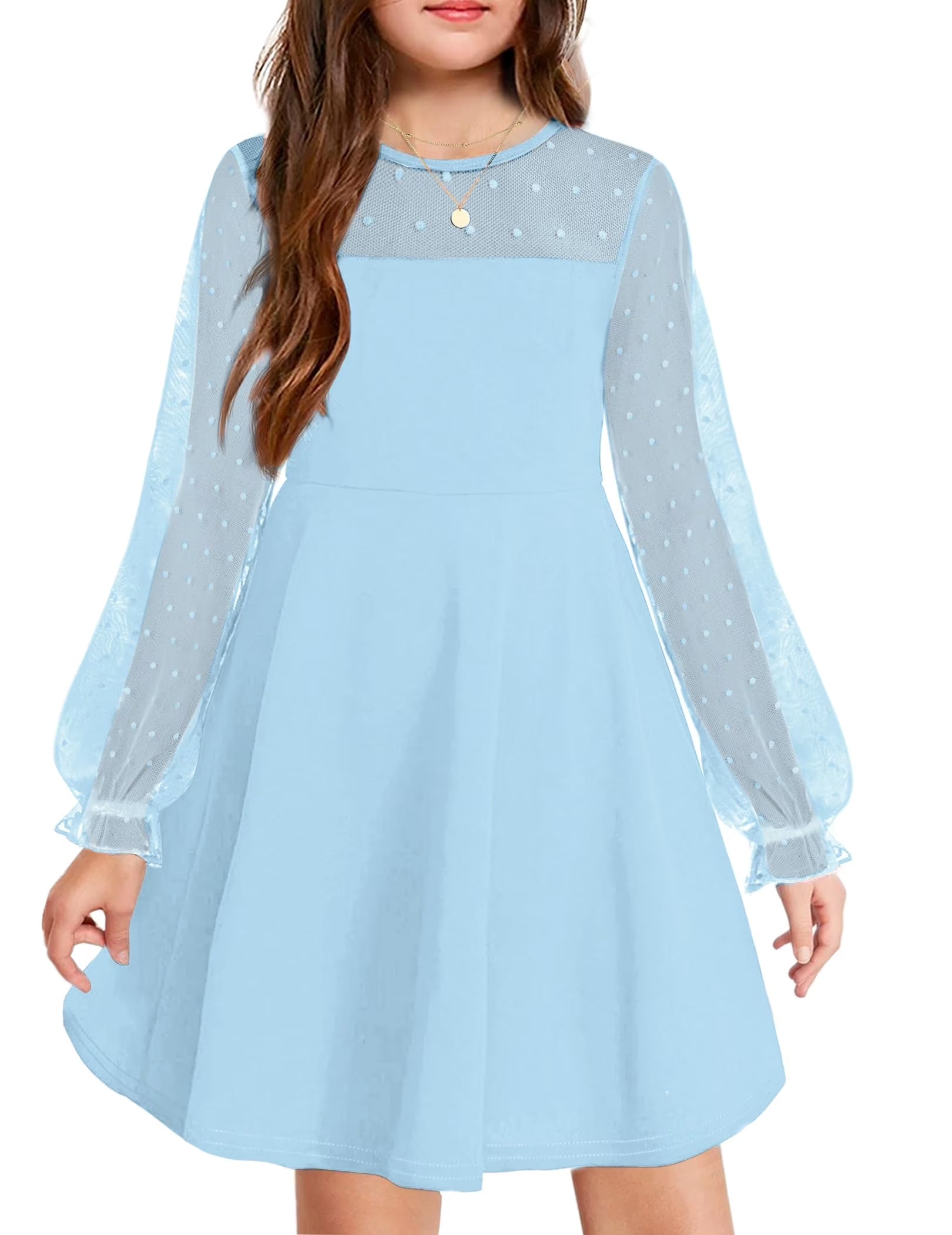 Oudiya Girls Mesh Puff Lantern Long Sleeve High Waist Formal A Line Dress with Pockets for Kids 6-16 Years
