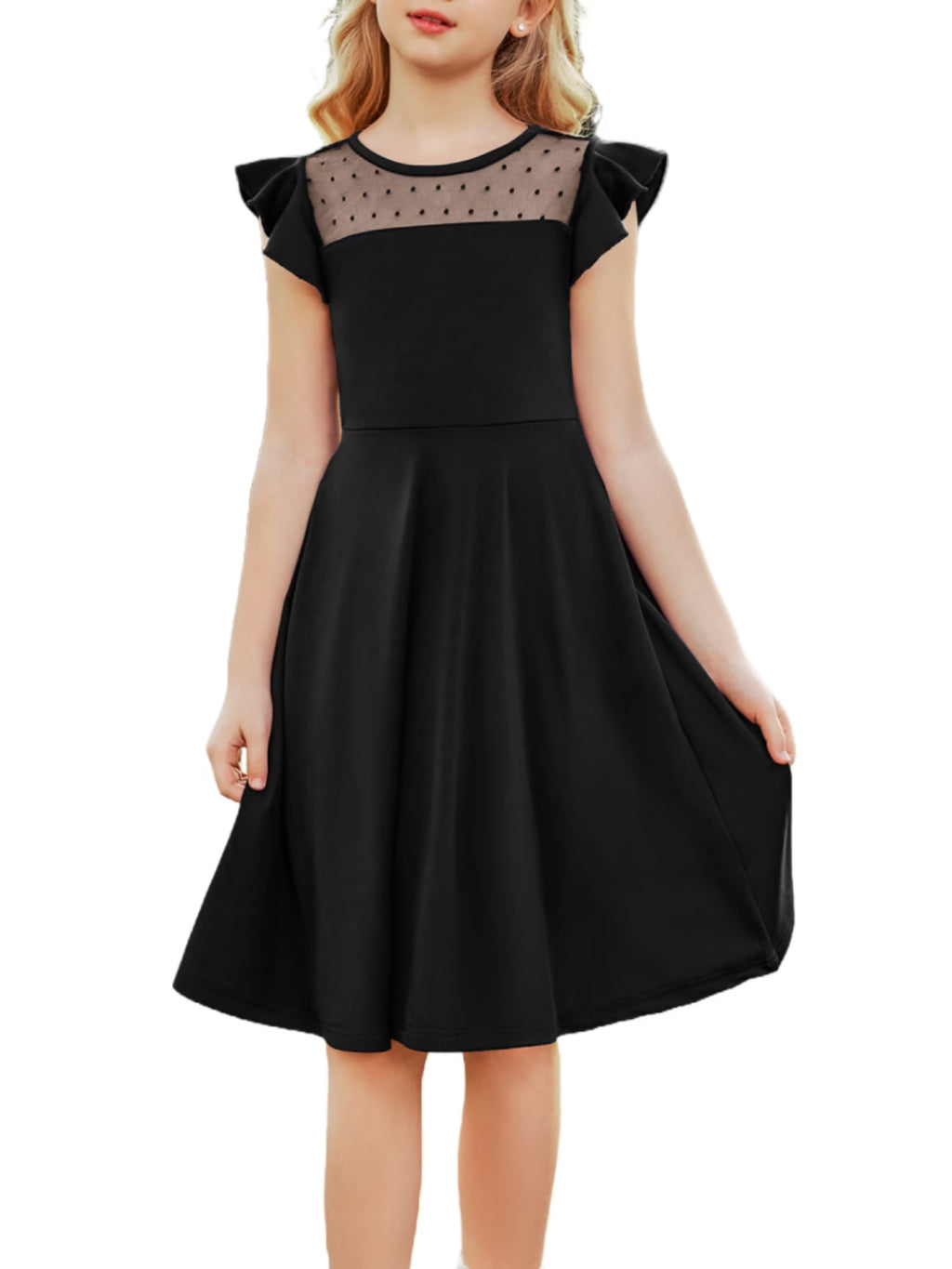Oudiya Girls Summer Dress Ruffle Sleeve Mesh A Line Casual Party Dresses with Pockets 6-13 Y