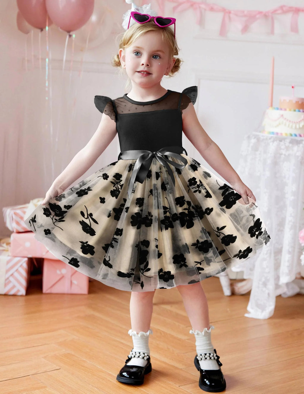 Oudiya Toddler Girls Tutu Dress Summer Contrast Mesh Party Dresses Cute Princess Tulle Sundress with Belt 2-8Y