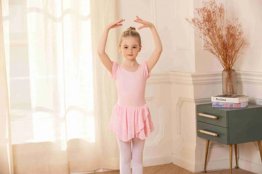 Oudiya Girls Ballet Dance Dress Leotards Ruffle Sleeve Shiny Ballet Tutu Skirt for Kids 3-11Y