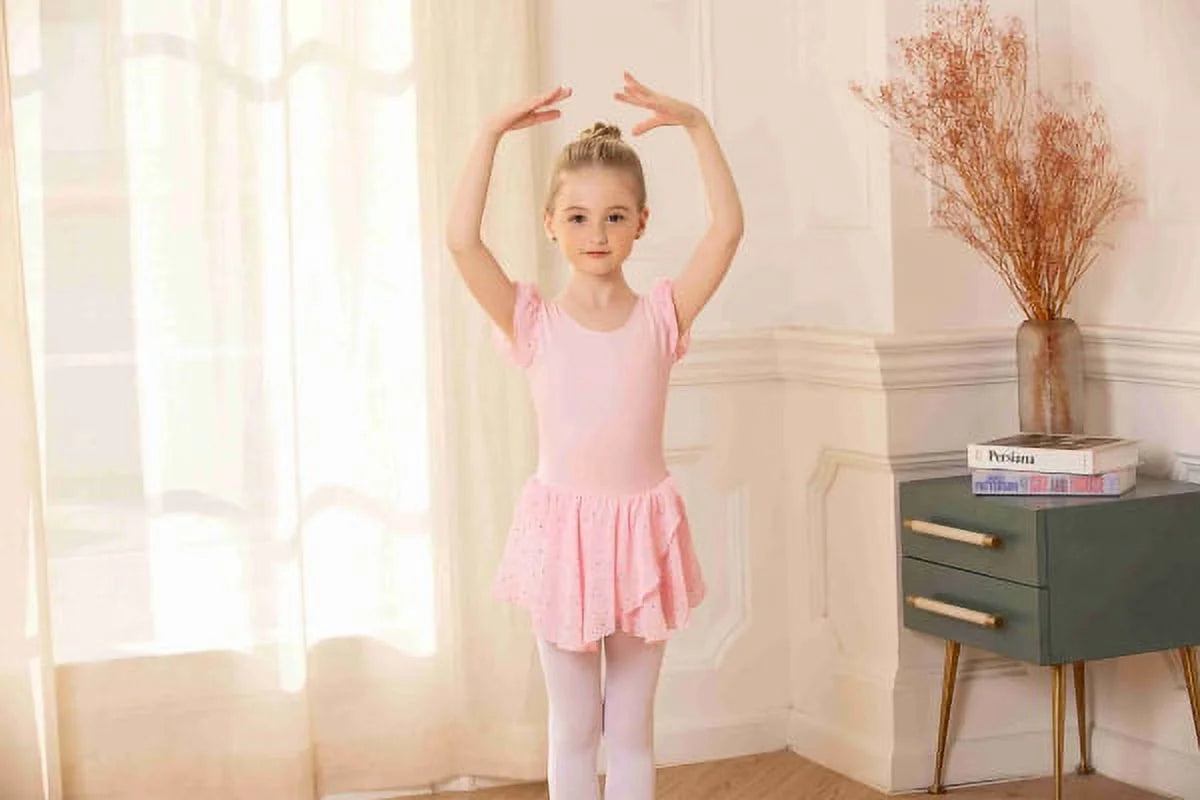 Oudiya Girls Ballet Dance Dress Leotards Ruffle Sleeve Shiny Ballet Tutu Skirt for Kids 3-11Y
