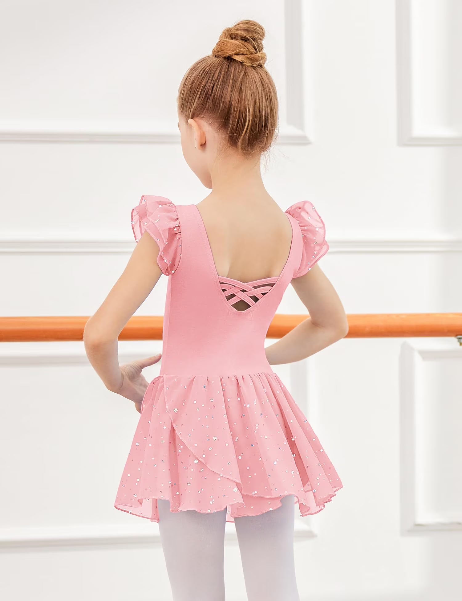 Oudiya Girls Ruffle Sleeve Ballet Dance Dress Tutu Skirted Leotard, 3-11Y