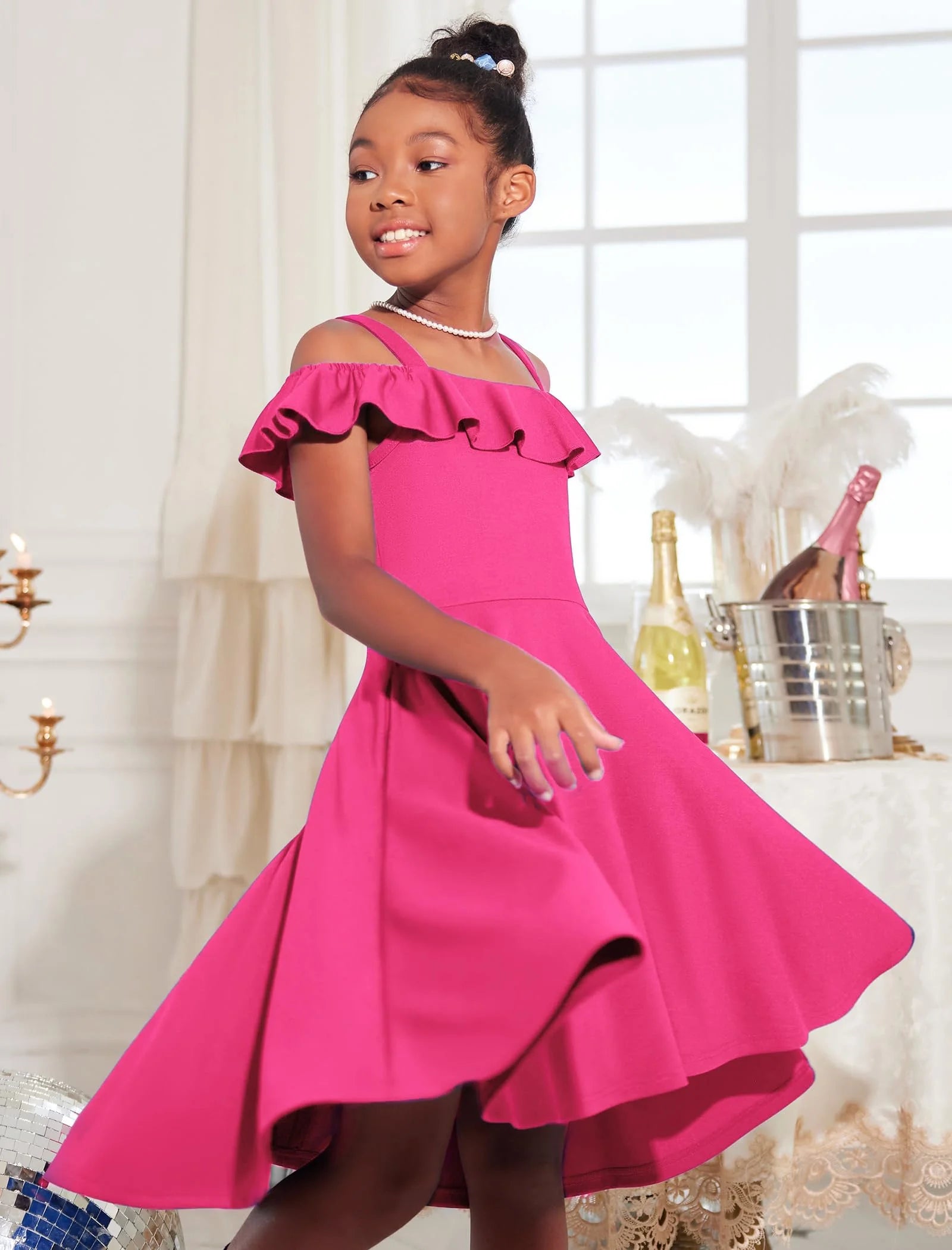 Oudiya Girls Off Shoulder Dress Flutter Sleeve Summer Midi Swing Dress with Pockets Formal Dress 4-13Y