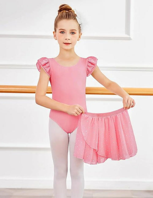 Oudiya Girls Ballet Leotards Ruffle Sleeve Bow Back Toddler Dance Outfits Leotard with Removable Shinny Skirt Combo 3-11Y