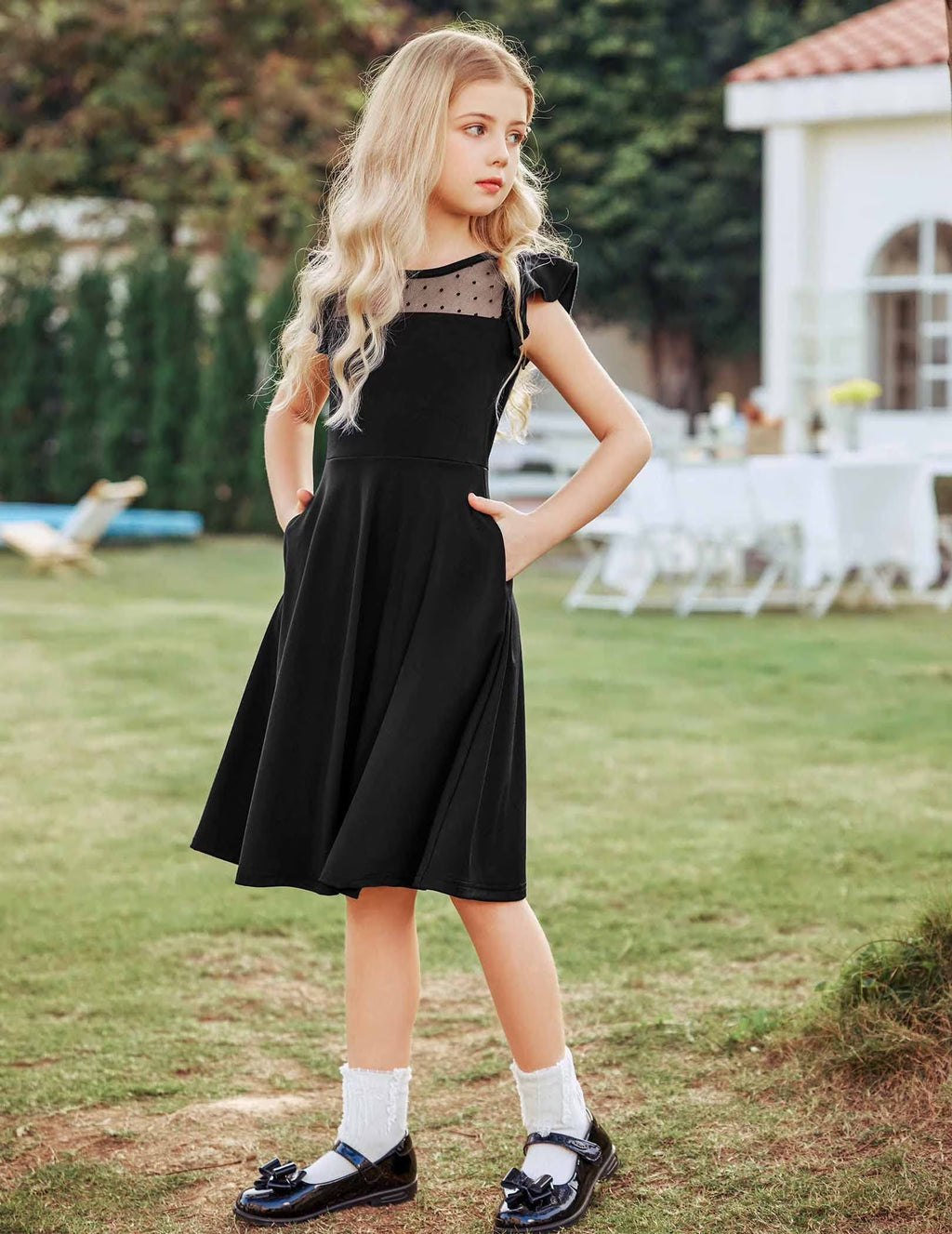 Oudiya Girls Summer Dress Ruffle Sleeve Mesh A Line Casual Party Dresses with Pockets 6-13 Y
