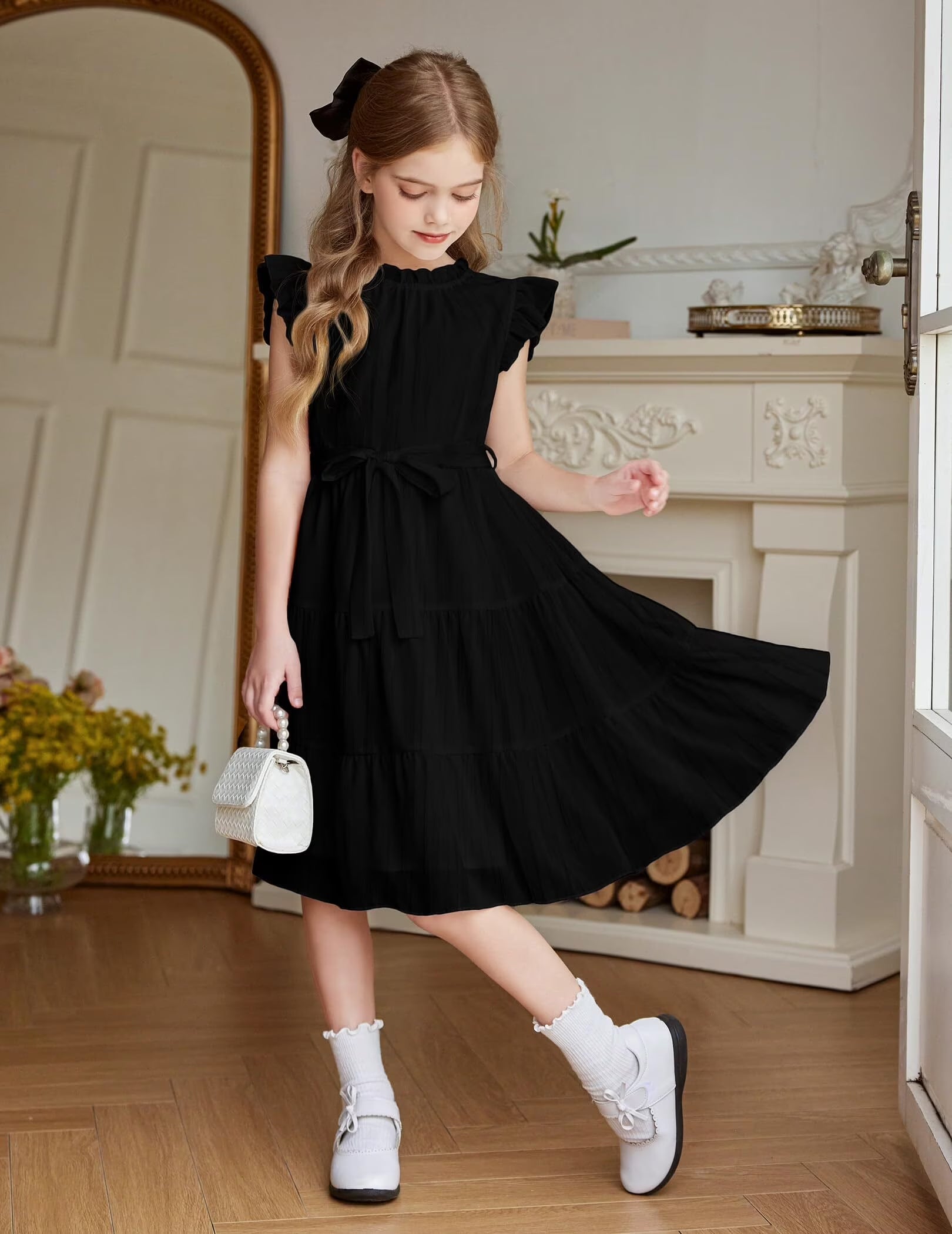 Oudiya Tween Girls Spring Dress Casual Ruffle Sleeve with Belt A Line Formal Elegant Party Dresses for Kids 5-16Y