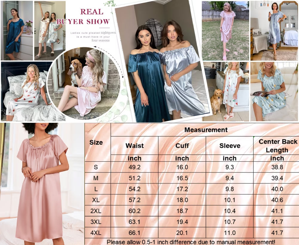 Oudiya Women Satin Silk Nightgown Pleated Loose Sleepwear Printed Nightshirt Short Sleeve Sleep Dress, S-4XL