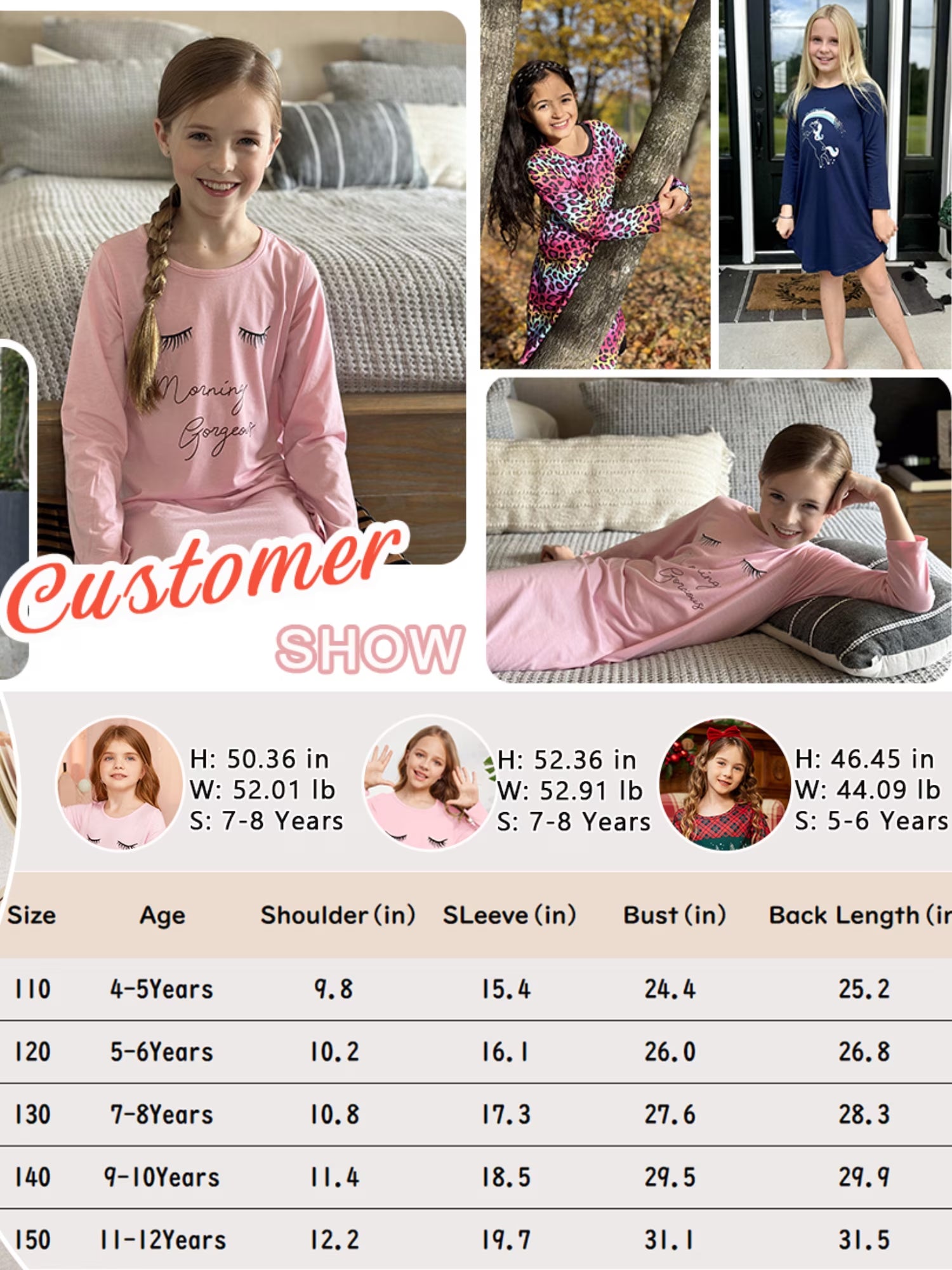 Oudiya Girls Long Sleeve Nightgowns Soft Print Pajamas Sleepwear Nighties for Kids 4-12