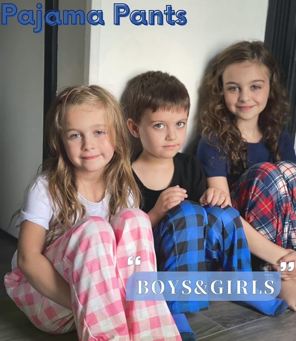 Oudiya Boys Pajama Pants 3 Pack Sleep Pants Soft Elastic Waist Kids Pajama Bottoms Plaid Lounge Pants with 2 Pockets