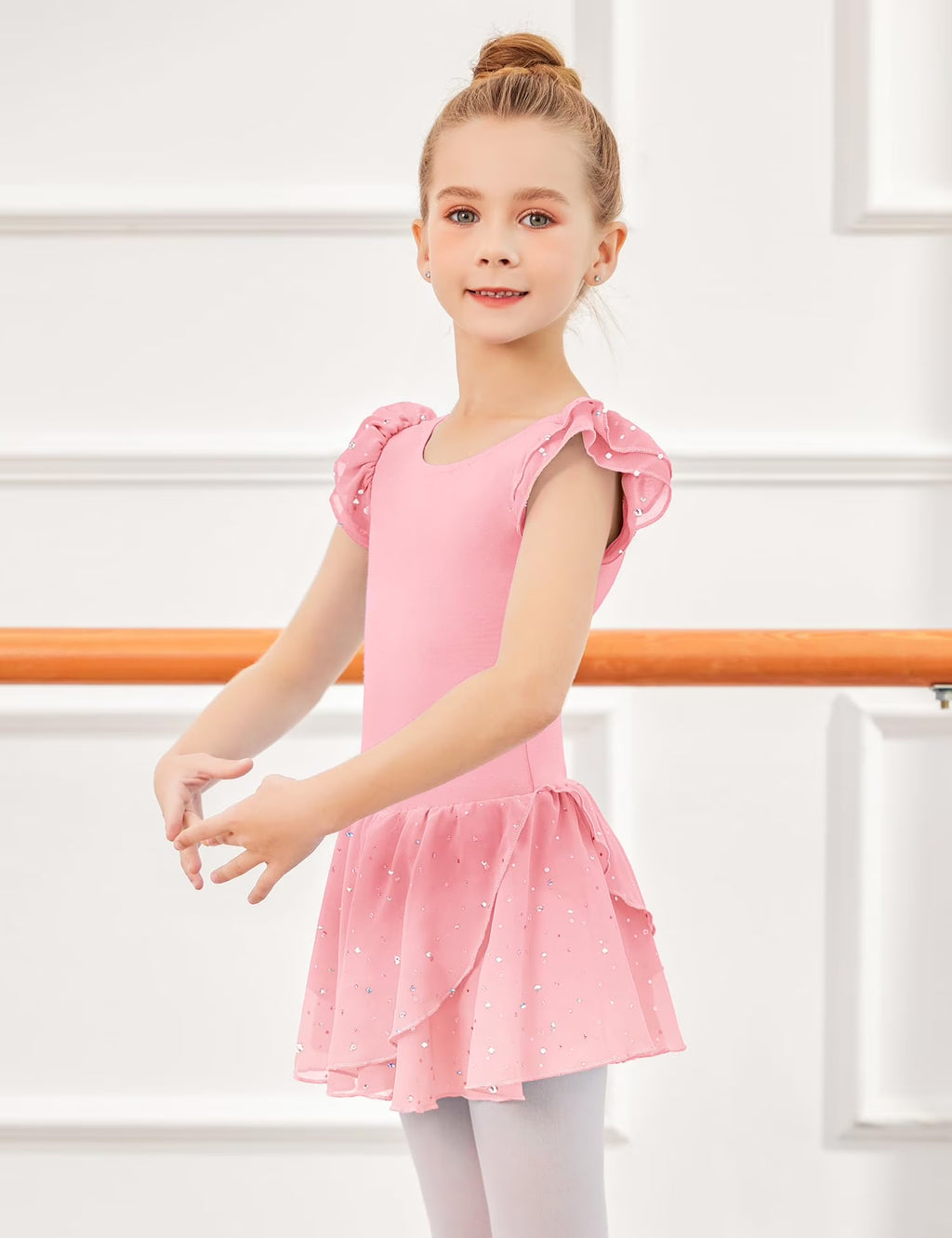 Oudiya Girls Ruffle Sleeve Ballet Dance Dress Tutu Skirted Leotard, 3-11Y