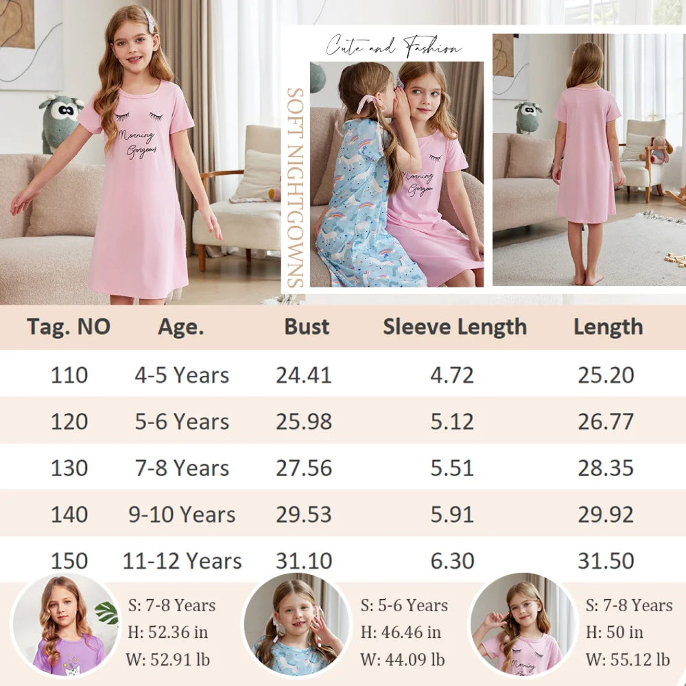 Oudiya Girls Short Sleeve Nightgowns Soft Print Pajamas Sleepwear Nighties for Kids 4-12