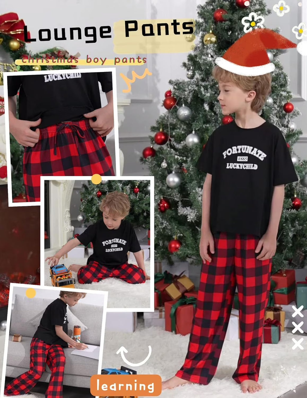 Oudiya Boys Pajama Pants 3 Pack Sleep Pants Soft Elastic Waist Kids Pajama Bottoms Plaid Lounge Pants with 2 Pockets