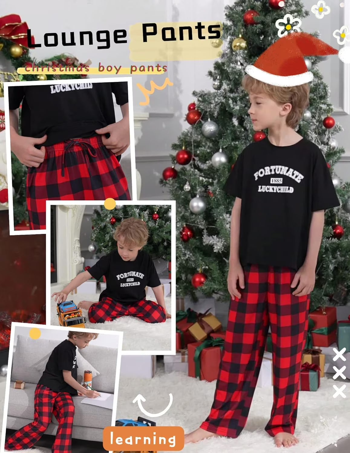 Oudiya Boys Pajama Pants 3 Pack Sleep Pants Soft Elastic Waist Kids Pajama Bottoms Plaid Lounge Pants with 2 Pockets