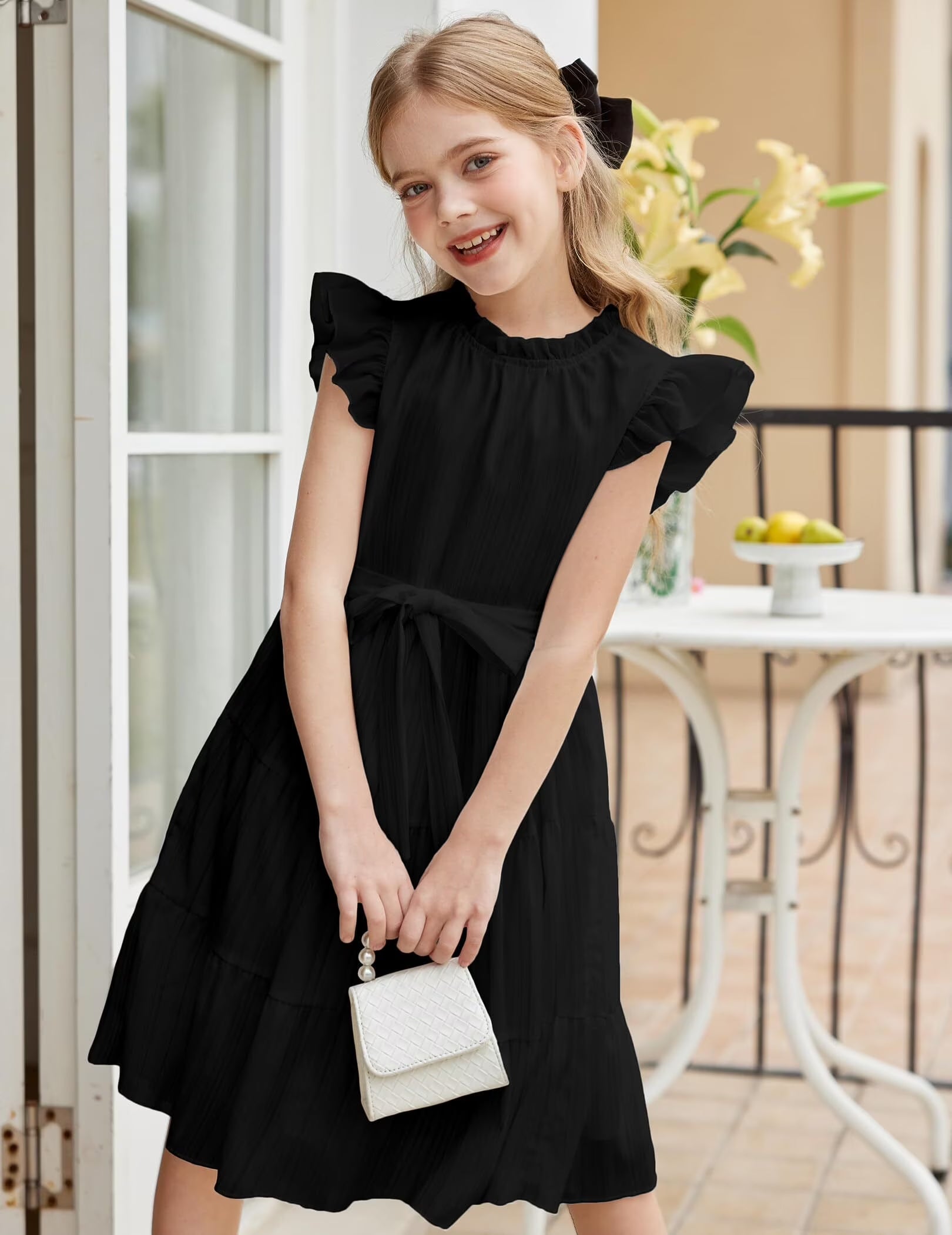Oudiya Tween Girls Spring Dress Casual Ruffle Sleeve with Belt A Line Formal Elegant Party Dresses for Kids 5-16Y