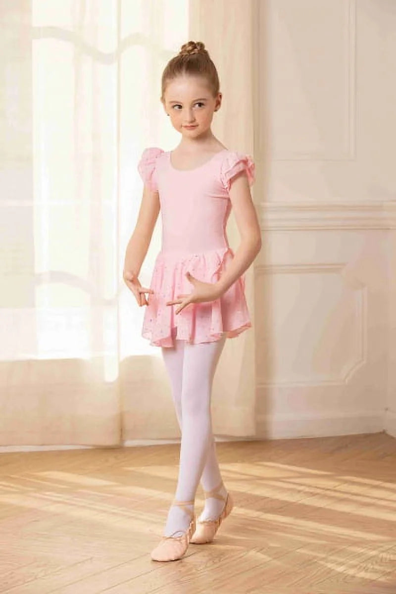Oudiya Girls Ballet Dance Dress Leotards Ruffle Sleeve Shiny Ballet Tutu Skirt for Kids 3-11Y