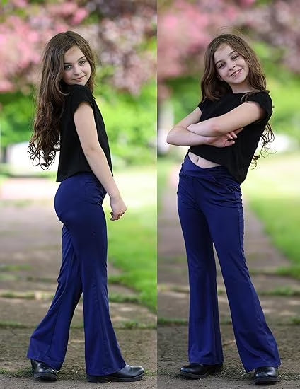 Oudiya Girls Flare Leggings High Waisted Casual V Crossover Pants Yoga Bell Bottoms with Pockets for Kids 5-14Y