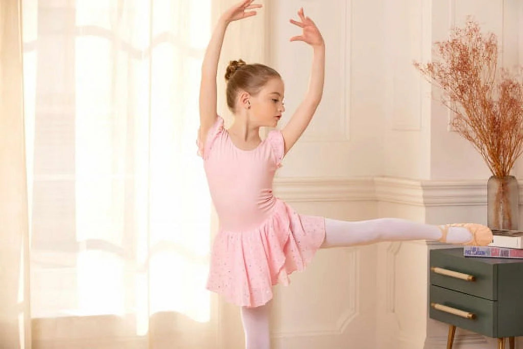 Oudiya Girls Ballet Dance Dress Leotards Ruffle Sleeve Shiny Ballet Tutu Skirt for Kids 3-11Y