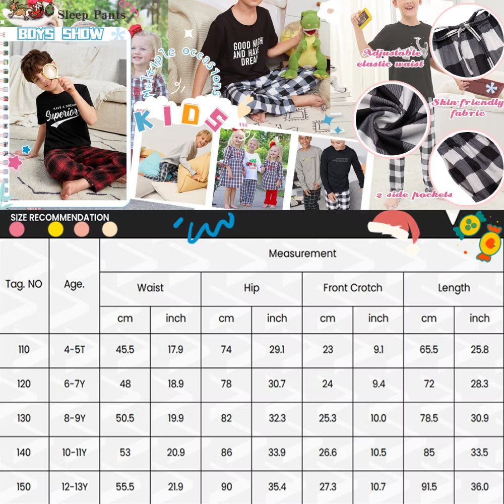 Oudiya Boys Pajama Pants 3 Pack Sleep Pants Soft Elastic Waist Kids Pajama Bottoms Plaid Lounge Pants with 2 Pockets