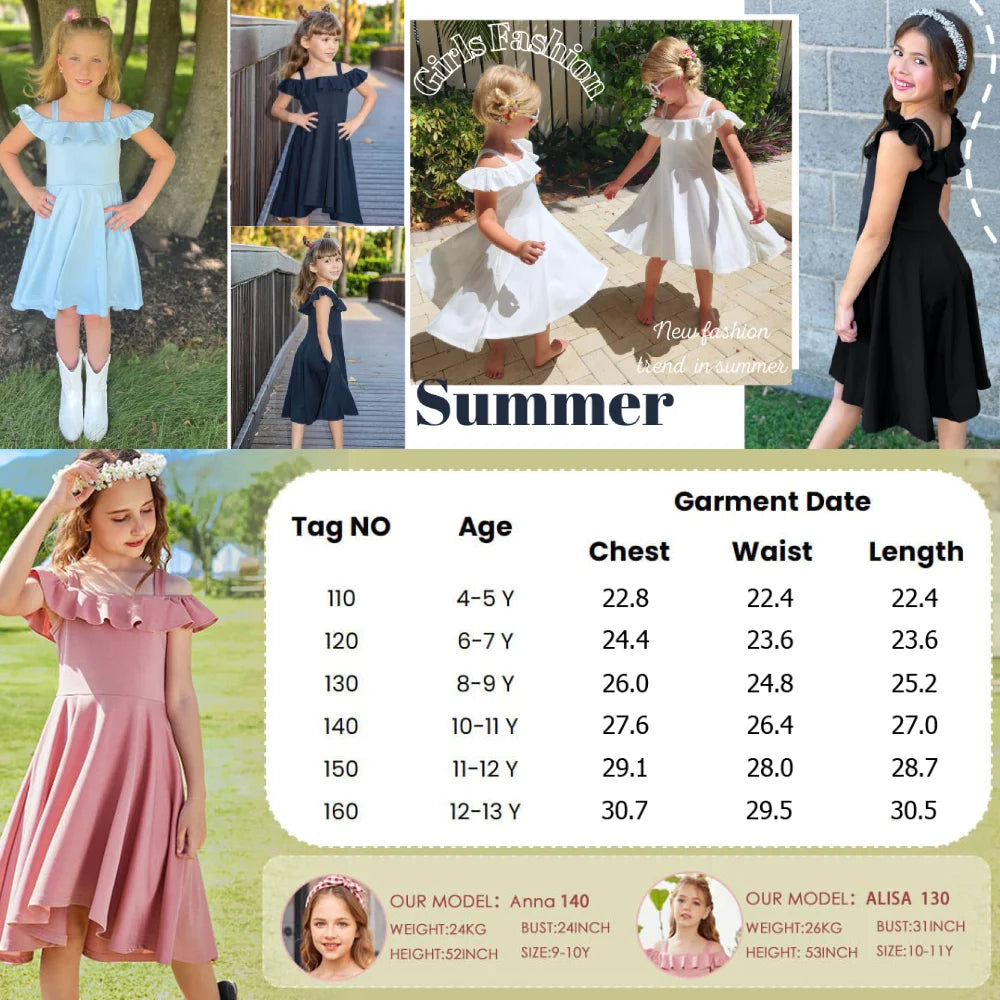Oudiya Girls Off Shoulder Dress Flutter Sleeve Summer Midi Swing Dress with Pockets Formal Dress 4-13Y