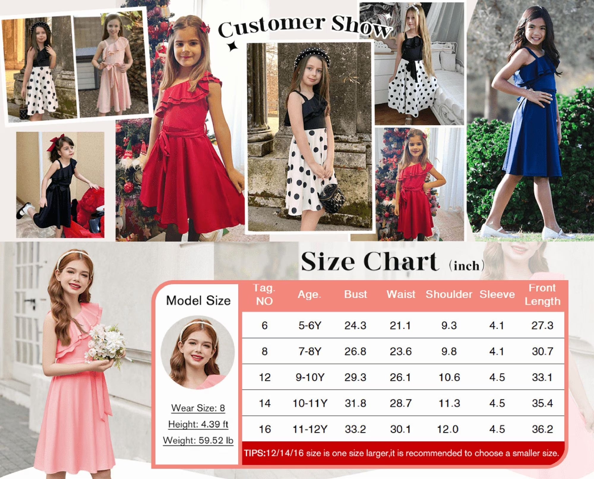 Oudiya Girls One Shoulder Dress Formal Ruffle Trim Birthday Party Dresses with Belted Pockets for Kids 5-12Y