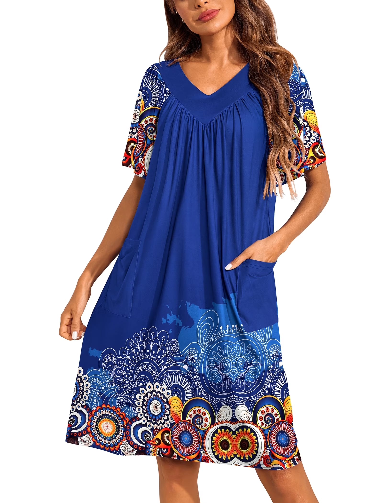 Oudiya Womens Mumus House Dress Floral Print Short Sleeve Nightgowns Moomoo Dresses with Pockets