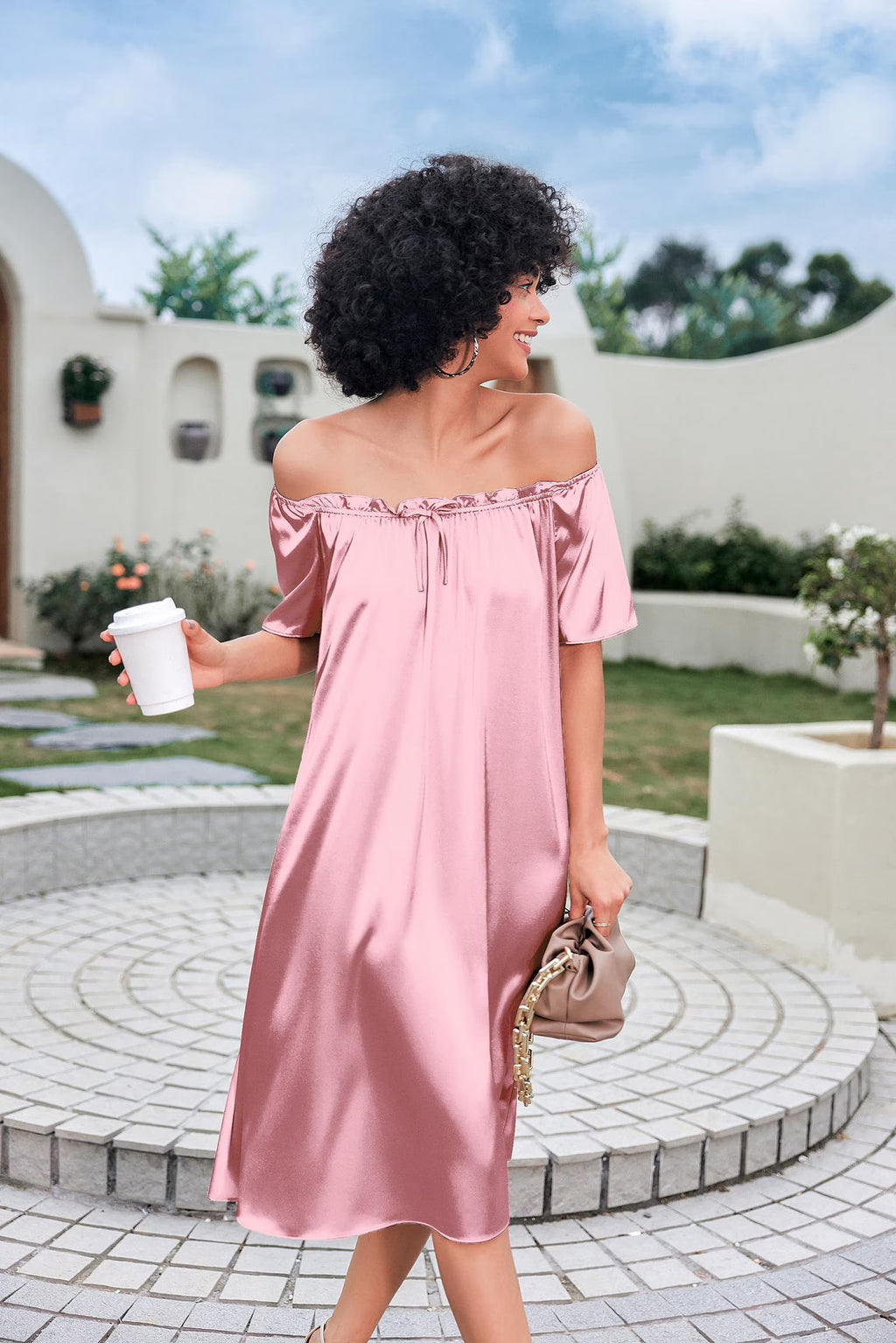 Oudiya Women Satin Silk Nightgown Pleated Loose Sleepwear Printed Nightshirt Short Sleeve Sleep Dress, S-4XL