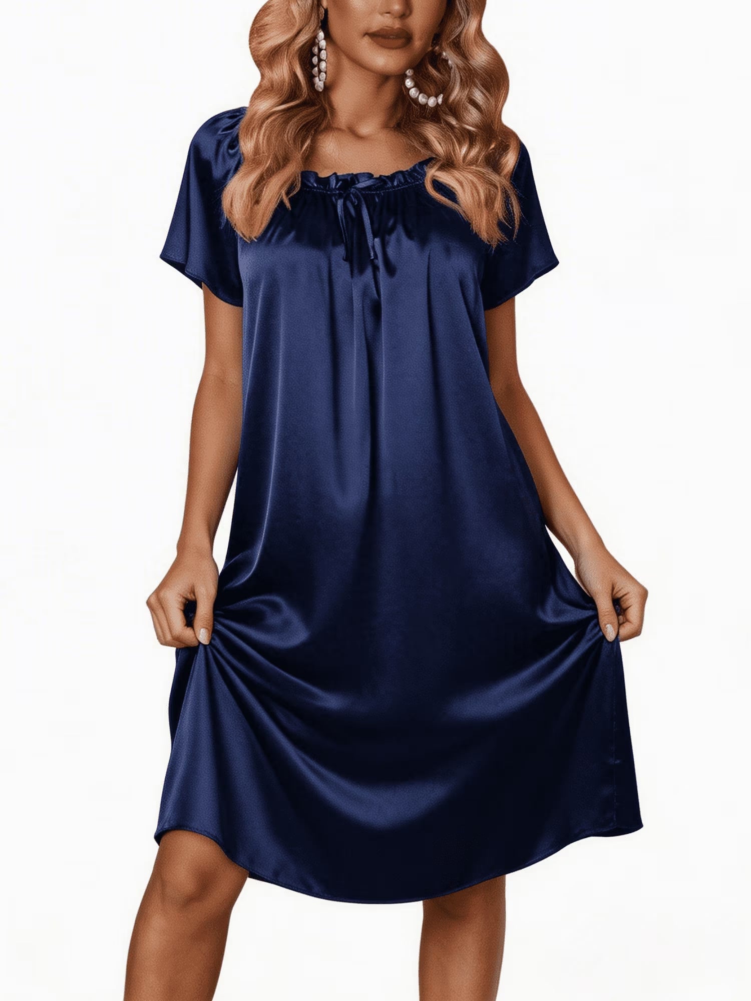Oudiya Women Satin Silk Nightgown Pleated Loose Sleepwear Printed Nightshirt Short Sleeve Sleep Dress, S-4XL