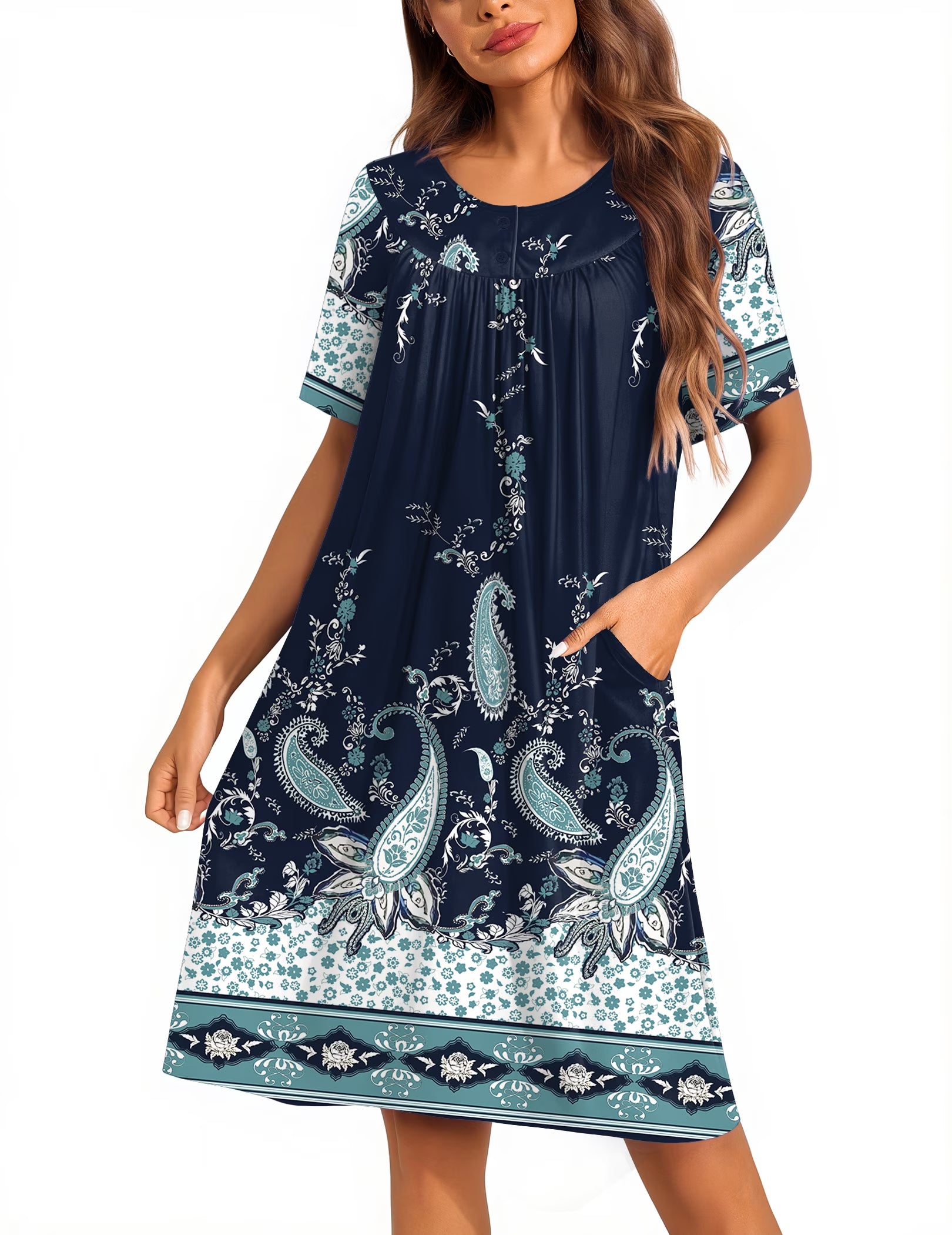 Oudiya Women Moo Moos House Dresses Button Short Sleeve Floral Mumu Nightgown with Pocket, S-3XL