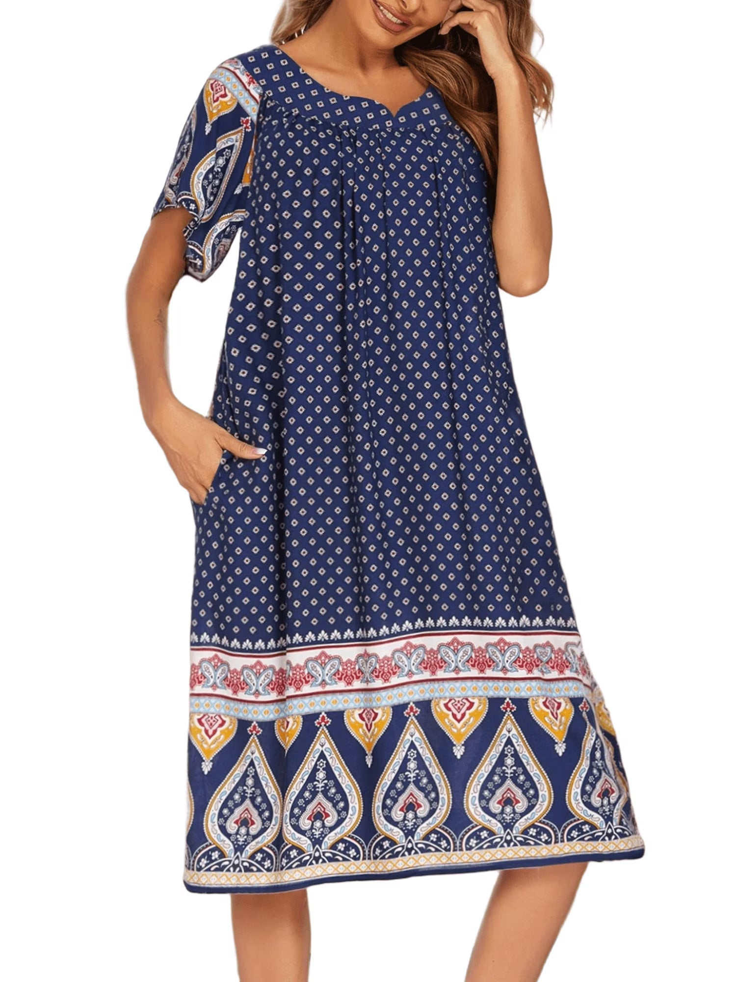 Oudiya Womens Nightgown Short Sleeve House Dress with Pockets-Floral Print Mumu Dress