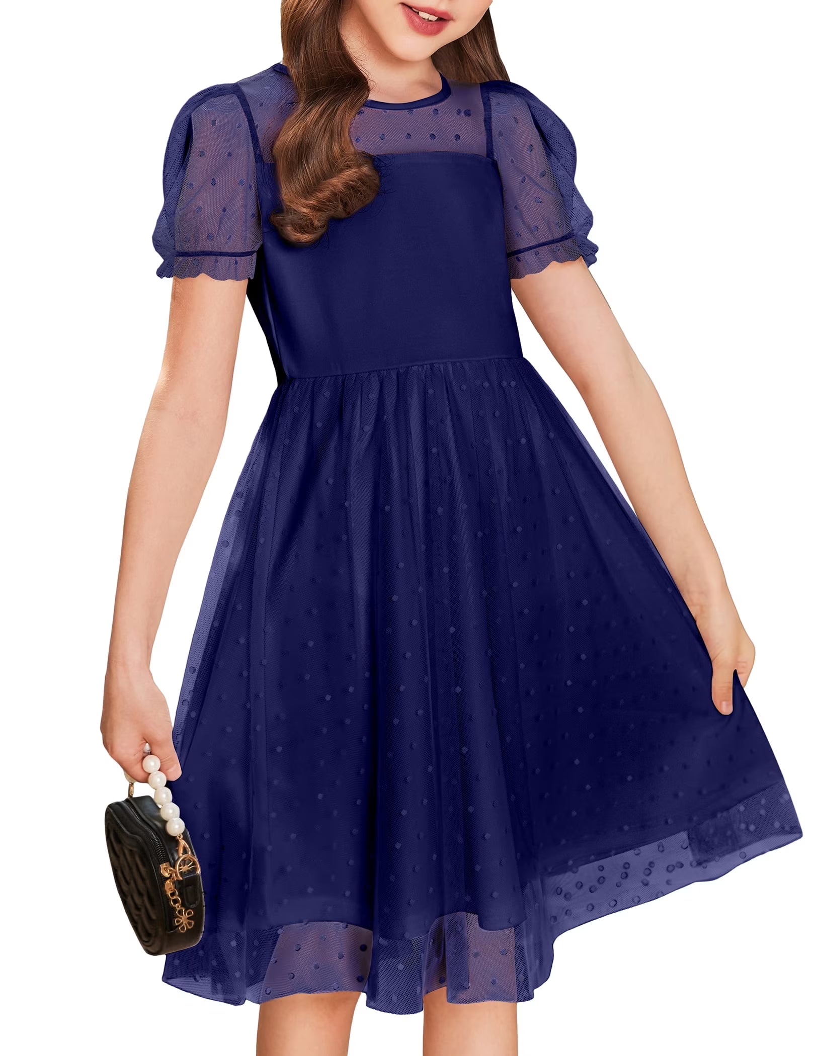 Oudiya Girls Contrast Mesh Short Sleeve Dress Puffy Casual A Line Party Dress for Kids 3-12Y