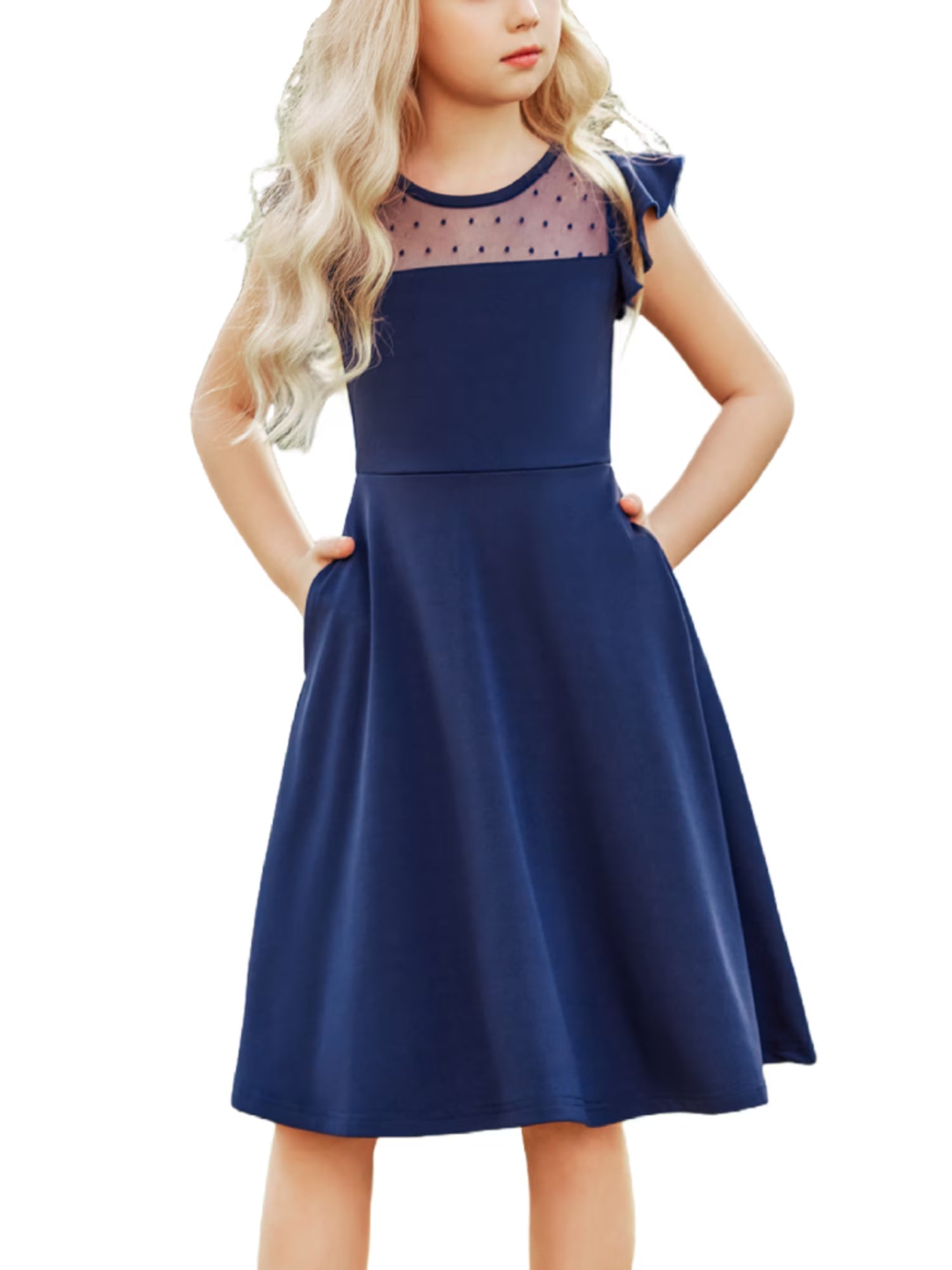Oudiya Girls Summer Dress Ruffle Sleeve Mesh A Line Casual Party Dresses with Pockets 6-13 Y
