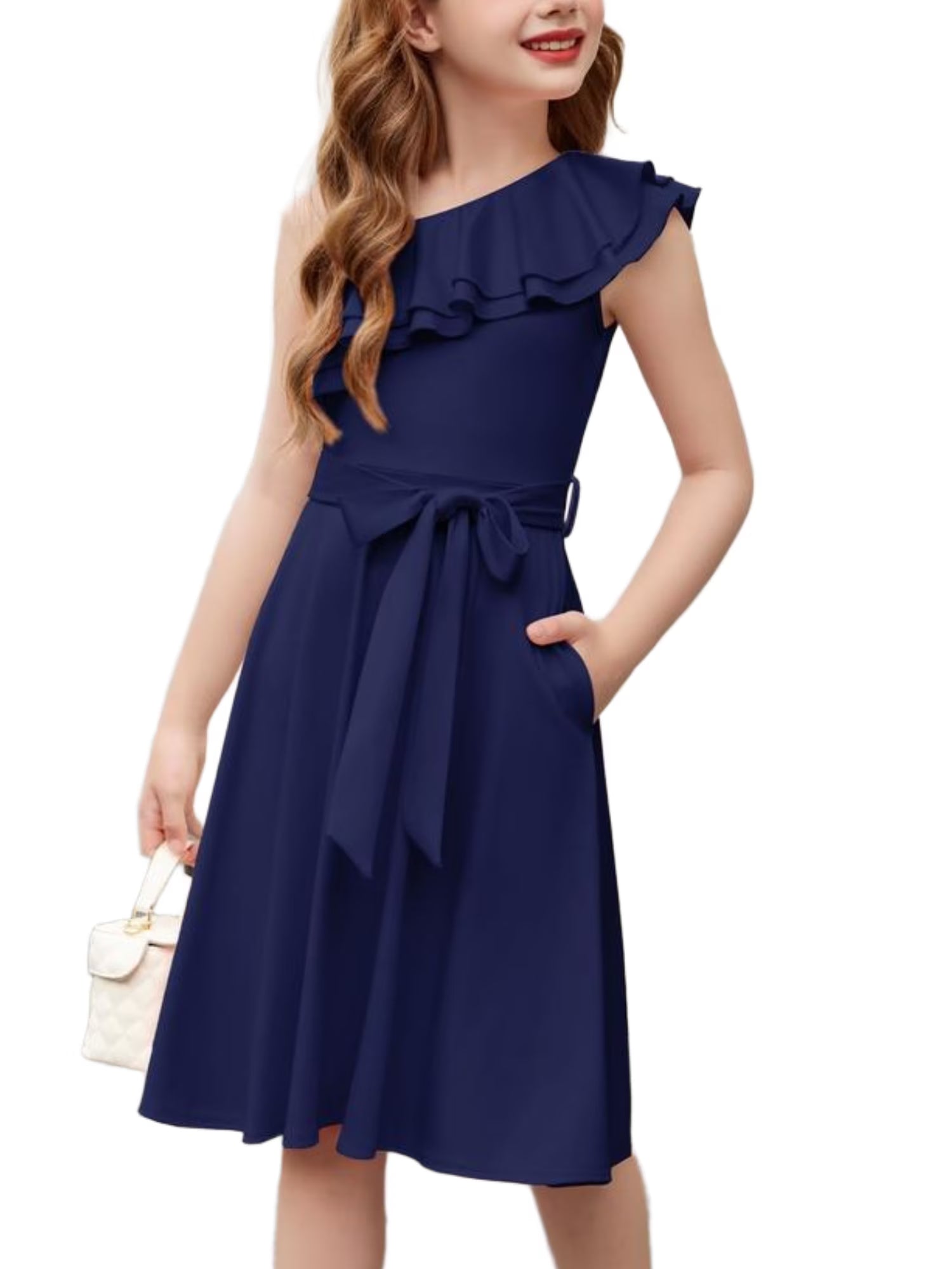 Oudiya Girls One Shoulder Dress Formal Ruffle Trim Birthday Party Dresses with Belted Pockets for Kids 5-12Y