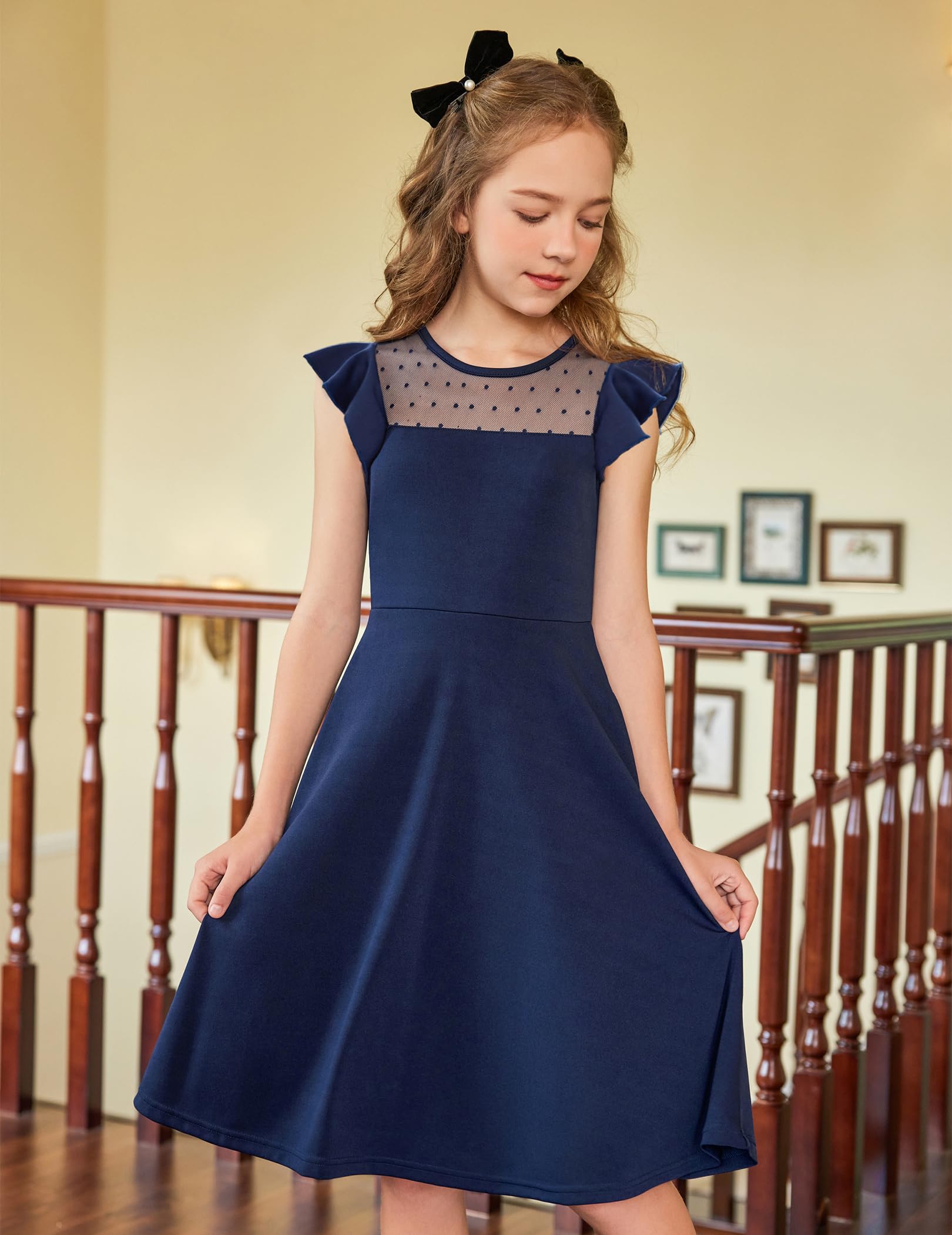 Oudiya Girls Summer Dress Ruffle Sleeve Mesh A Line Casual Party Dresses with Pockets 6-13 Y