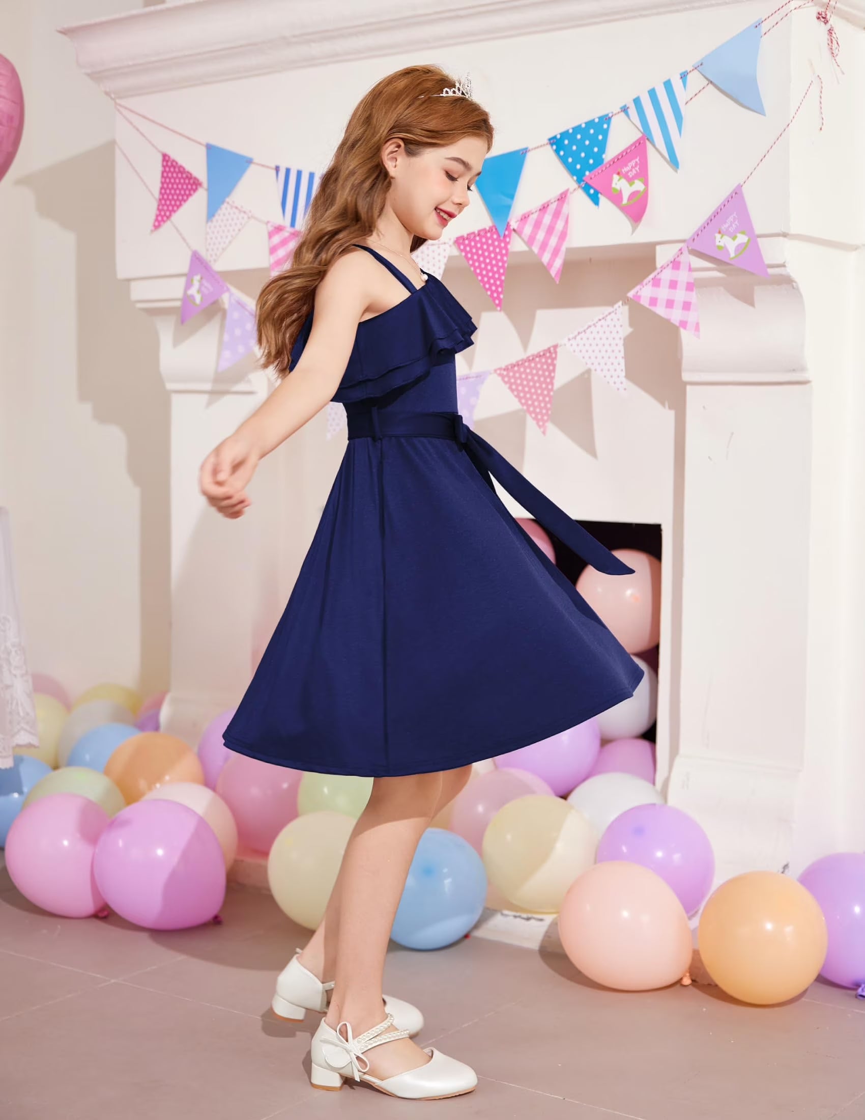 Oudiya Girls One Shoulder Dress Formal Ruffle Trim Birthday Party Dresses with Belted Pockets for Kids 5-12Y