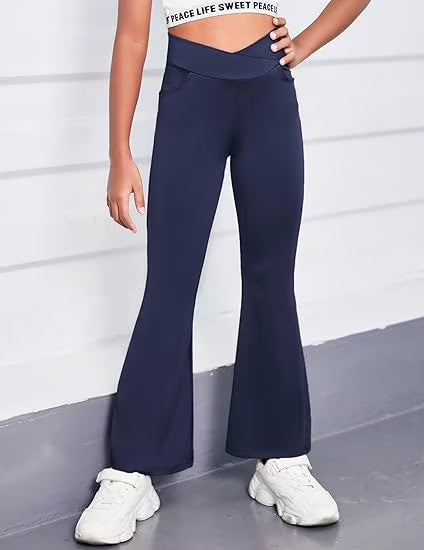 Oudiya Girls Flare Leggings High Waisted Casual V Crossover Pants Yoga Bell Bottoms with Pockets for Kids 5-14Y
