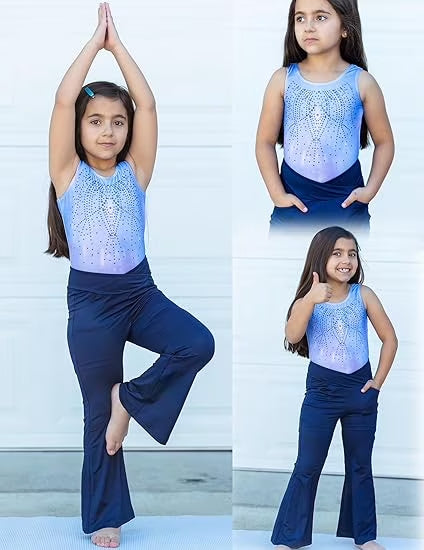 Oudiya Girls Flare Leggings High Waisted Casual V Crossover Pants Yoga Bell Bottoms with Pockets for Kids 5-14Y