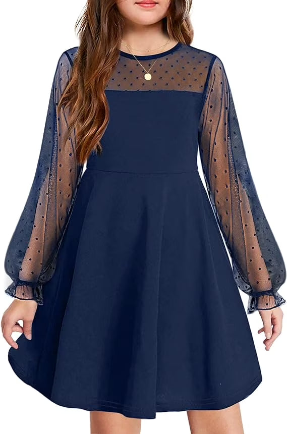 Oudiya Girls Mesh Puff Lantern Long Sleeve High Waist Formal A Line Dress with Pockets for Kids 6-16 Years