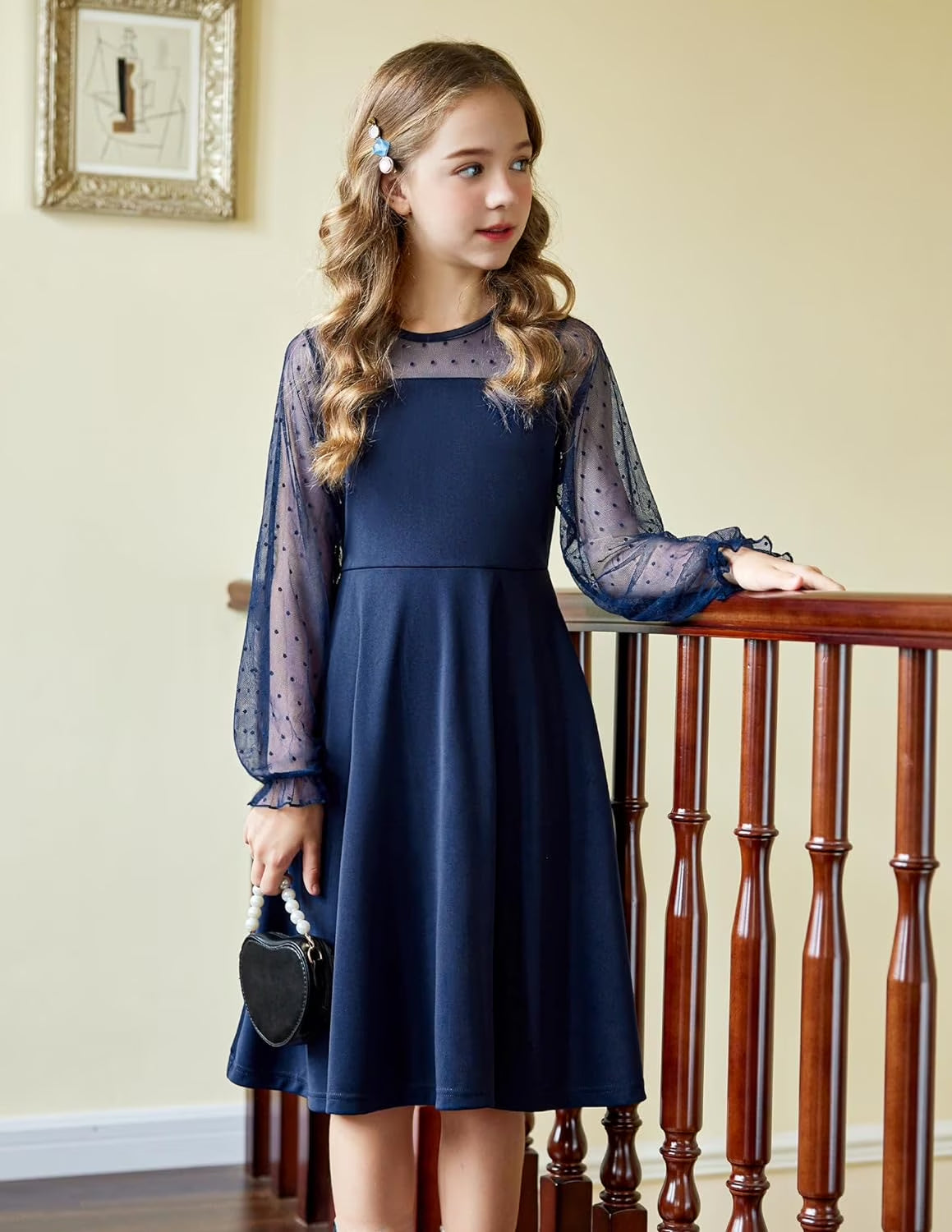 Oudiya Girls Mesh Puff Lantern Long Sleeve High Waist Formal A Line Dress with Pockets for Kids 6-16 Years