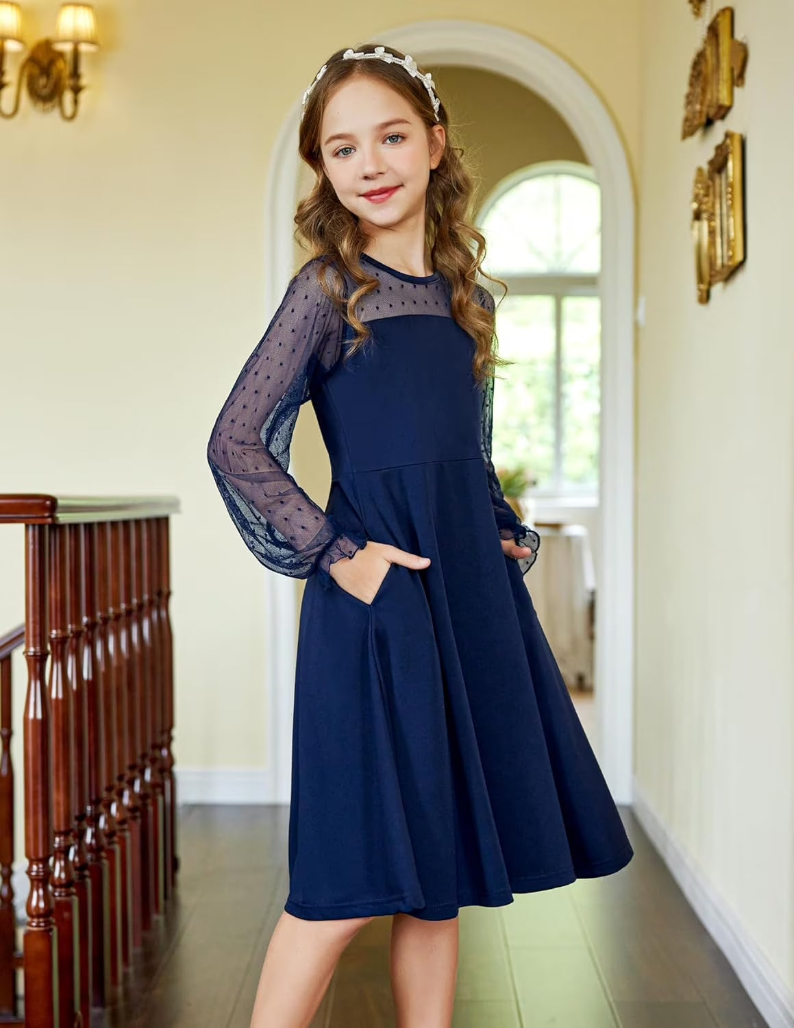 Oudiya Girls Mesh Puff Lantern Long Sleeve High Waist Formal A Line Dress with Pockets for Kids 6-16 Years