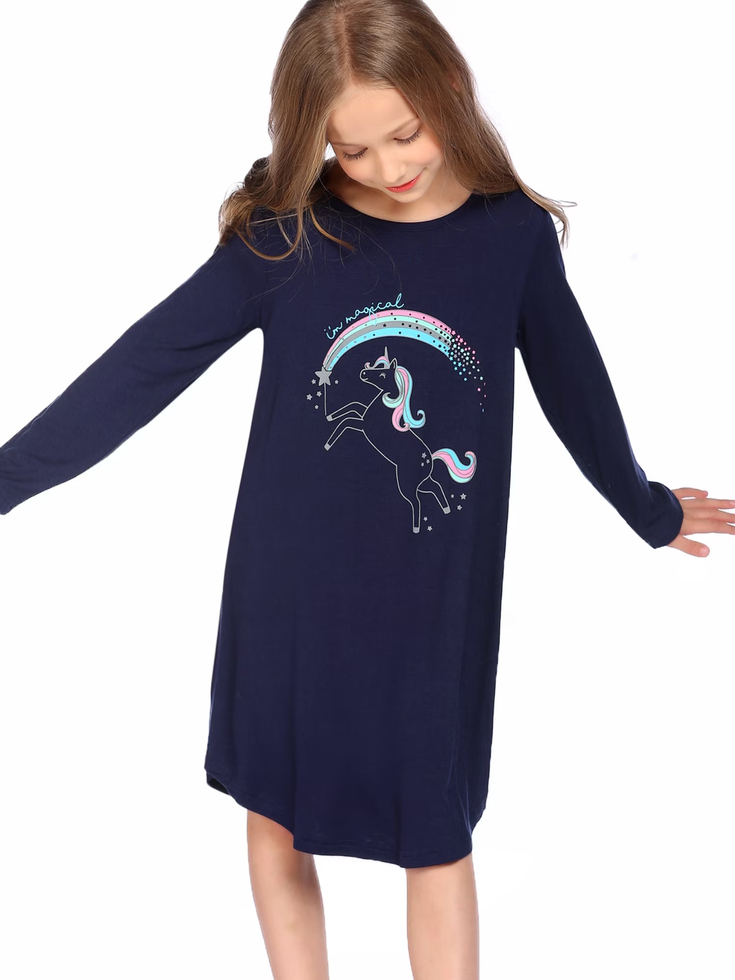 Oudiya Girls Long Sleeve Nightgowns Soft Print Pajamas Sleepwear Nighties for Kids 4-12