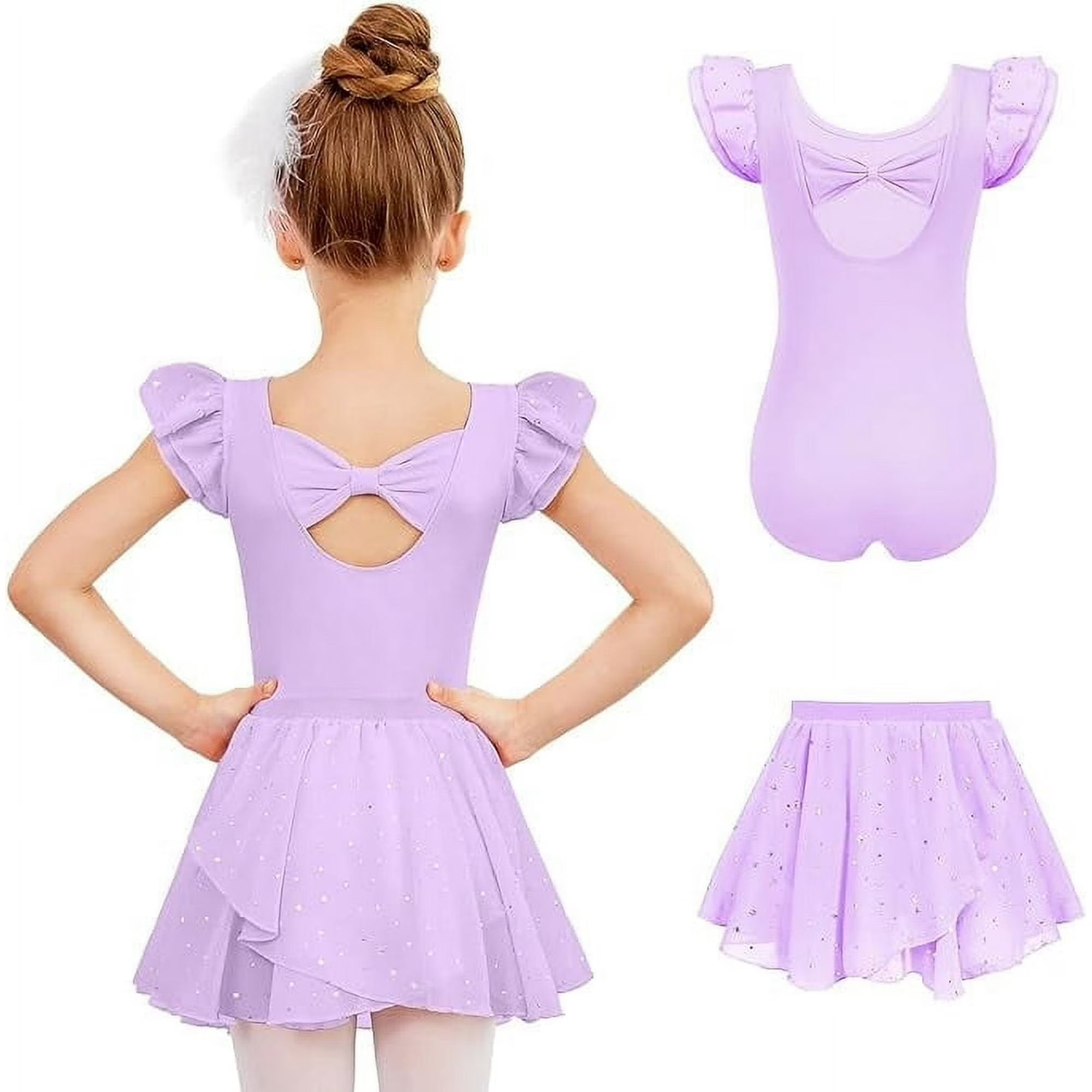 Oudiya Girls Ballet Leotards Ruffle Sleeve Bow Back Toddler Dance Outfits Leotard with Removable Shinny Skirt Combo 3-11Y