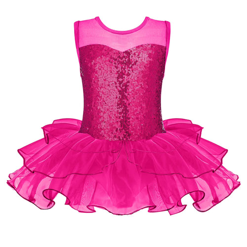 Oudiya Girls Ballet Leotards Sequin Sleeveless Mesh Tutu Dress Toddler Ballerina Dance Outfits, 2-9Y