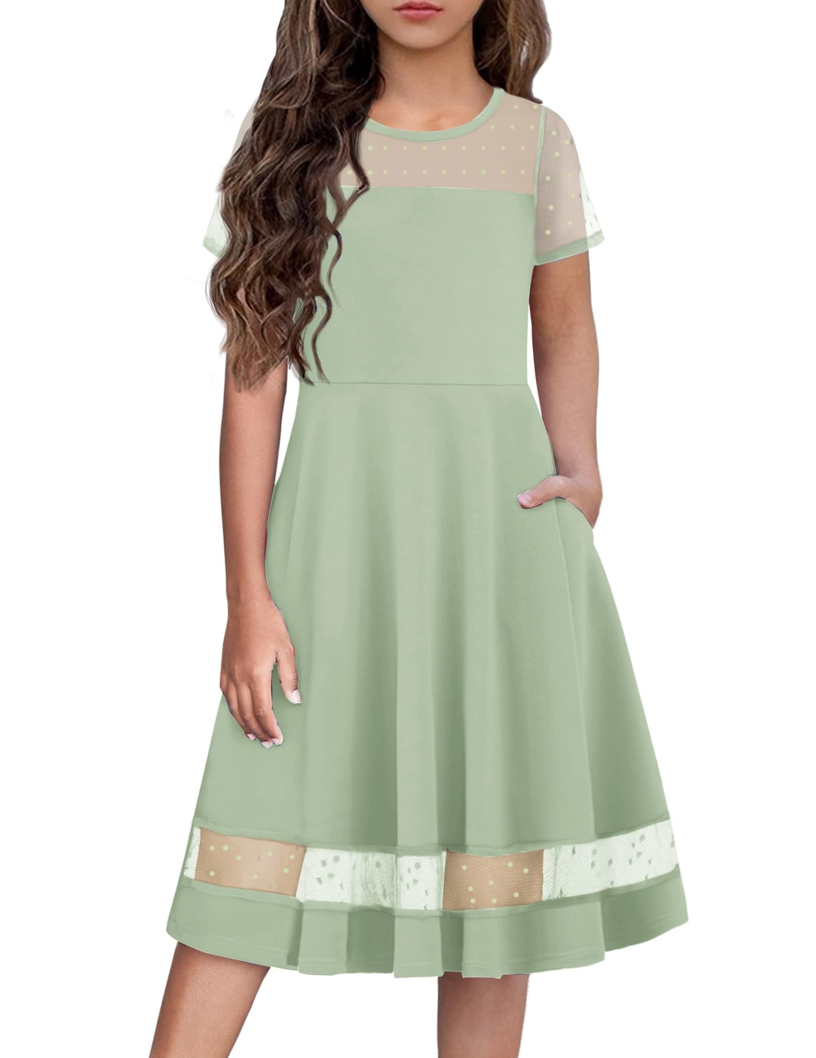 Oudiya Girls Contrast Mesh Short Sleeve A Line Party Dresses Formal Dress with Pockets for Tween 5-12Y
