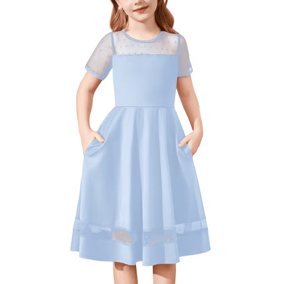 Oudiya Girls Contrast Mesh Short Sleeve A Line Party Dresses Formal Dress with Pockets for Tween 5-12Y