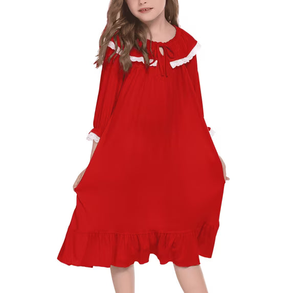 Oudiya Girls Long Sleeve Nightgowns Princess Sleepwear with Ruffled Hem Pajama Dress for Kids 4-13 Years