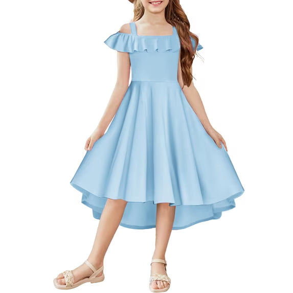 Oudiya Girls Off Shoulder Dress Flutter Sleeve Summer Midi Swing Dress with Pockets Formal Dress 4-13Y