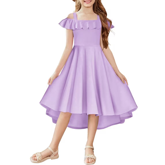 Oudiya Girls Off Shoulder Dress Flutter Sleeve Summer Midi Swing Dress with Pockets Formal Dress 4-13Y